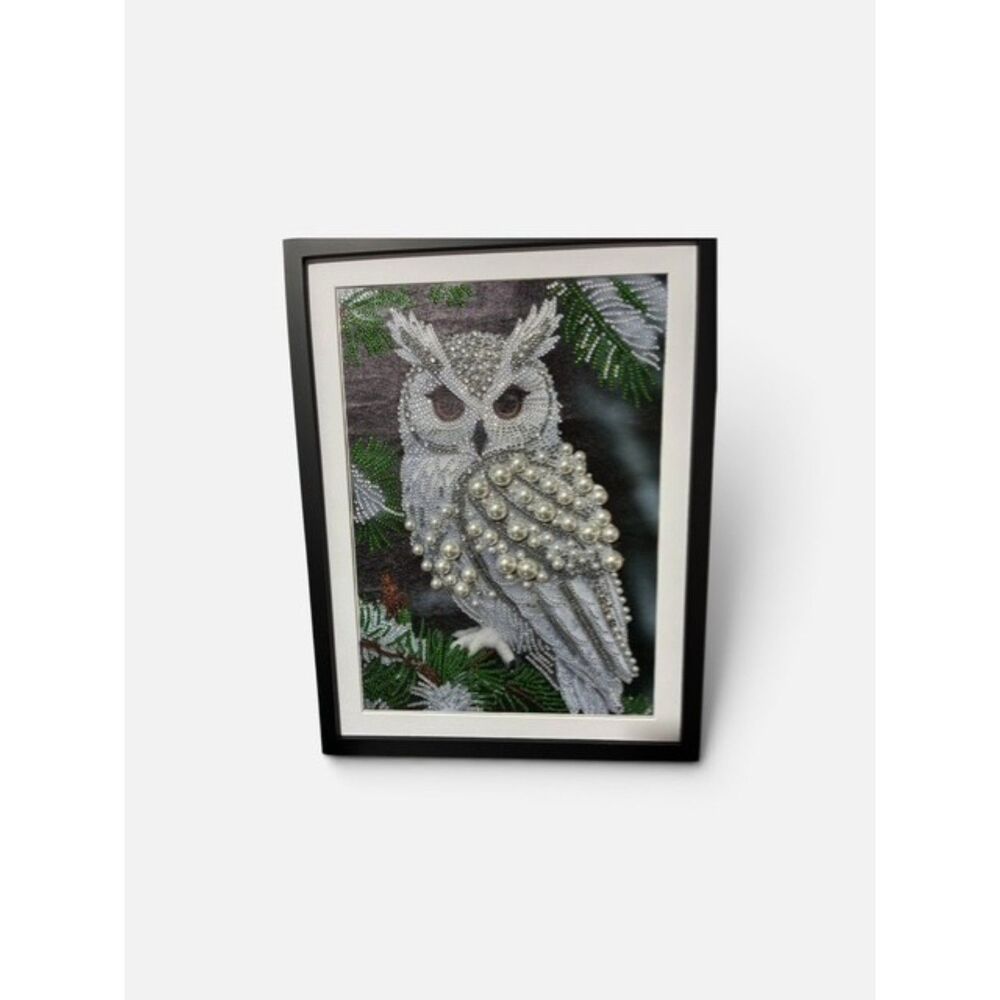HandCrafted "Pearl Wisdom" –3D Textured Snowy Owl Diamond & Pearl Mosaic Art - Picture 2 of 2